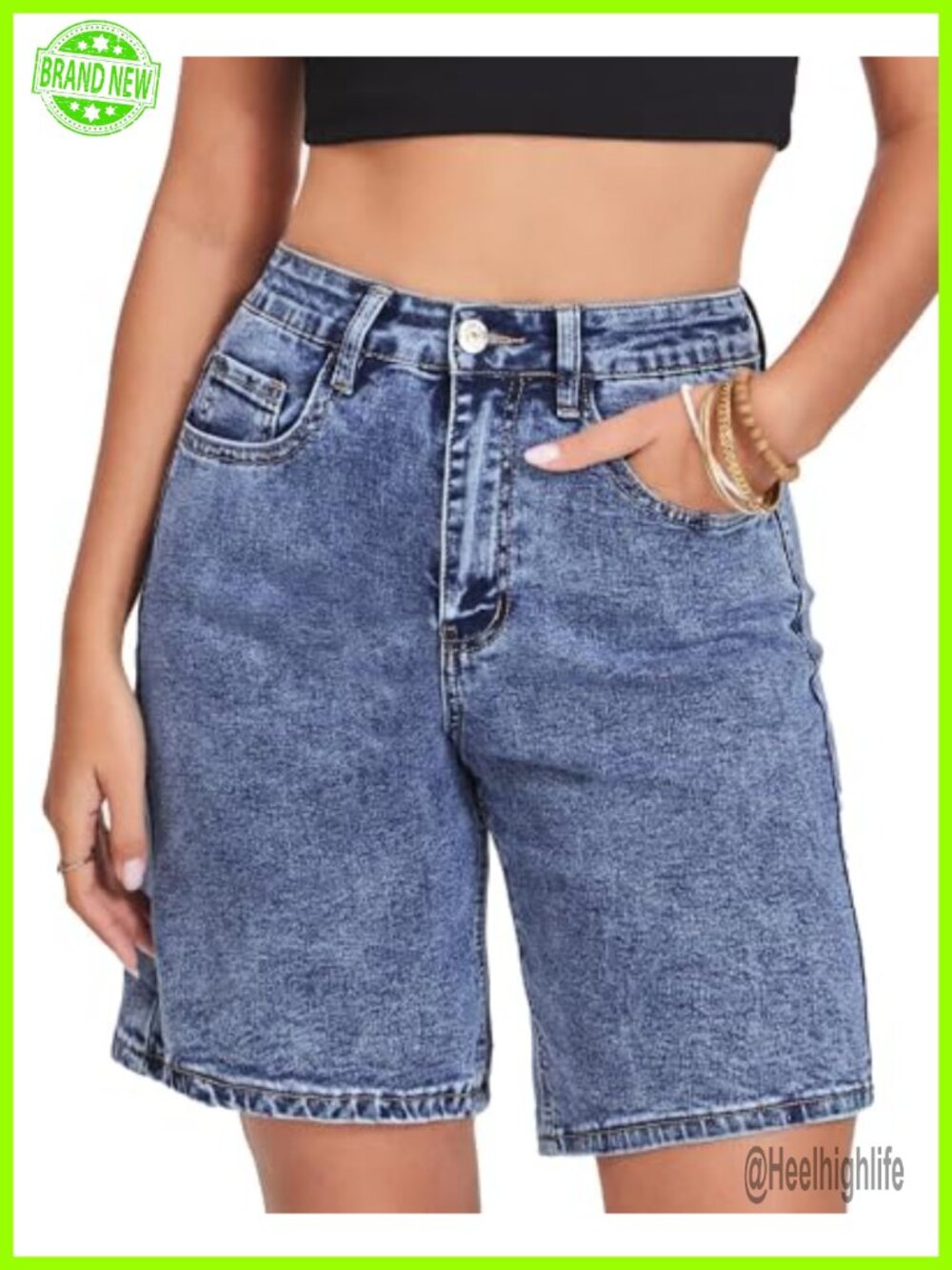 Bermuda Shorts Mid Rise Knee Length Stretchy Denim Summer Casual